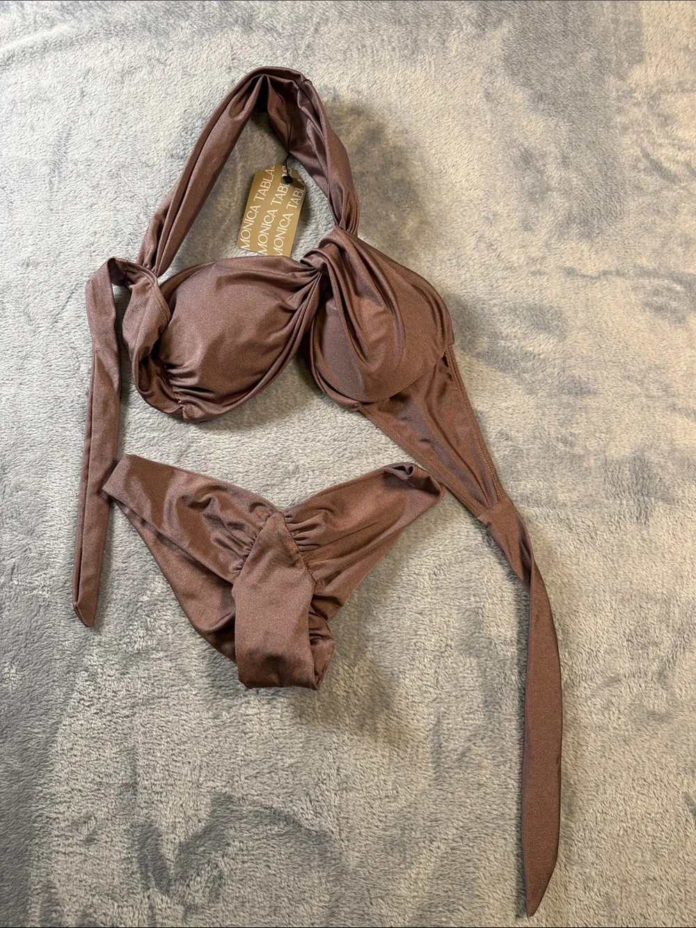 Monica Tablas Womens Brown Twist Front Halter Bikini Set with Cover Up Skirt XS